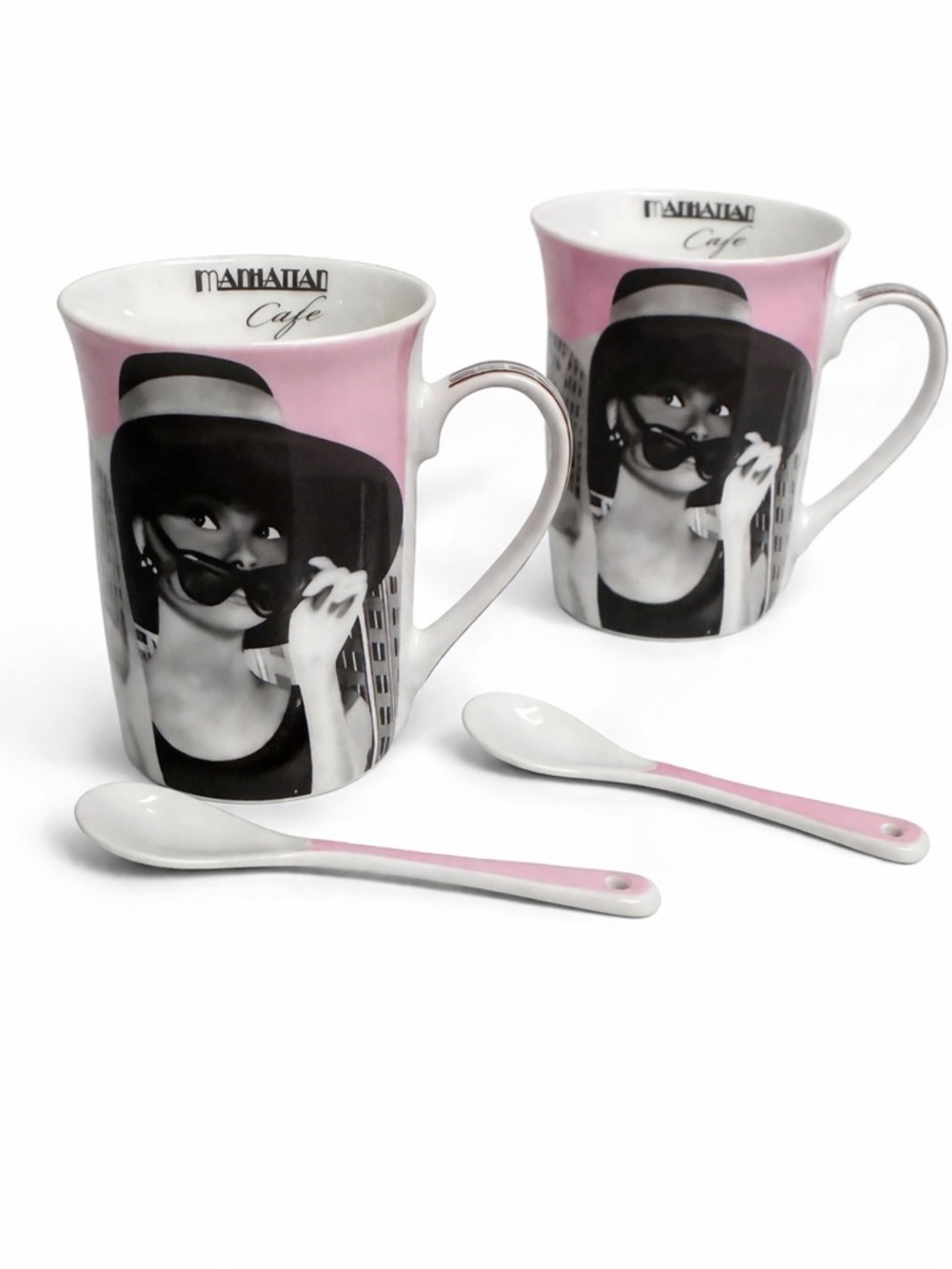 Paul Cardew Design Manhattan Cafe Pink Accent Mug Set /2 with Spoons .